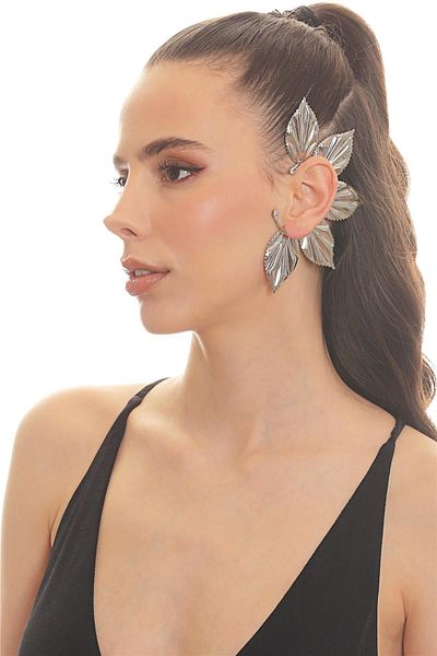 LABALABA Women's Silver Color Lacquer Plated Zircon Stone Leaf Stylized Left Ear Earcuff & Cartilage Earring