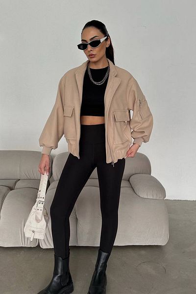 Ortaya Çık Μπεζ Bomber Jacket - Stamp, Λεπτομέρεια τσέπης