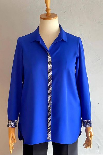 Hanezza " Handmade " Jessica Hand Embroidered Crepe Fabric Evening Dress Shirt - Plus Size Elegance