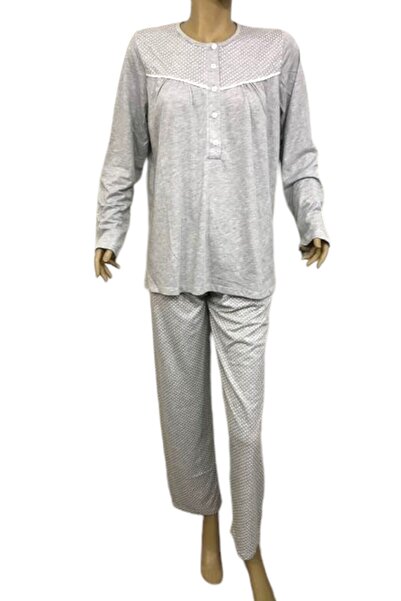 Nena Women's Long Sleeve Patted Pajama Set-14206-grey