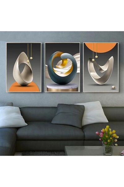 Linacci Set de pictură din sticlă cu cadru metalic alb triplu, forme negru portocaliu