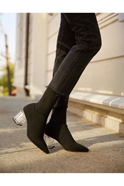 elvinshoes kadın sivri burun şefaf ökçe streç bot