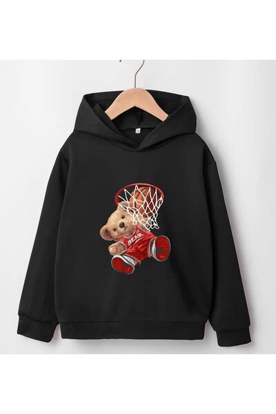 coolart نمط دب كرة السلة - سويت شيرت قطني للأطفال، طباعة سوداء، للأولاد والبن...
