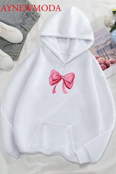 aynewmoda Φούτερ με κουκούλα ροζ κορδέλα μπροστά με στάμπα λευκό oversize