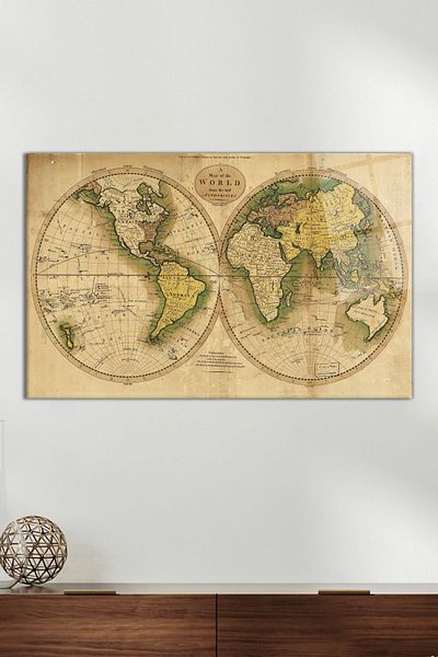 Vosevu Two Hemisphere Map Glass Table, Modern Home Office Decoration, Gift Wall Decoration, Shatterproof Glass
