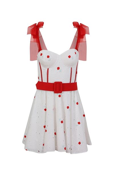 Rheme And Fons Special Design Couture Handcrafted White Flower Patterned Mini Dress with Chest Detail
