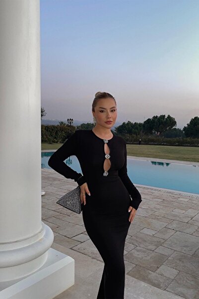 Eyyo Siyah Önü Taş Detay Uzun Elbise Ate3273