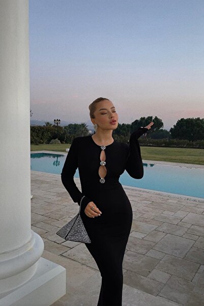 Eyyo Siyah Önü Taş Detay Uzun Elbise Ate3273