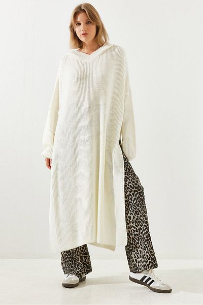 Bianco Lucci Women's Side Slit Hooded Long Loose Tunic Sweater 60651001