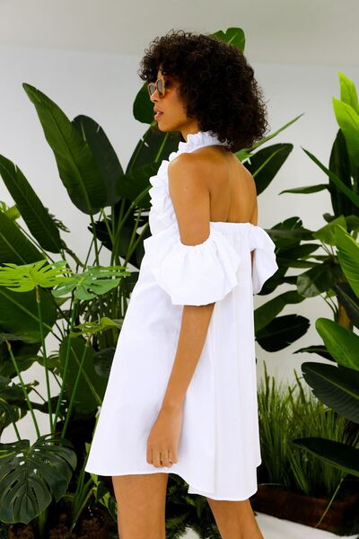 Rheme And Fons Özel Tasarım Couture El Işçiliği Beyaz Düğme Detaylı Mini Elbise