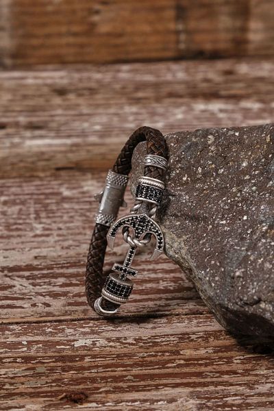 SUMRA Zircon Stone Genuine Leather - Brass Motif Locked Bracelet Sm-B-0127