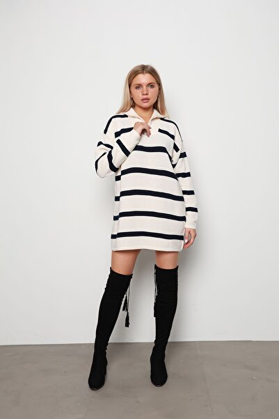 İKLİM LİFE Fitilli Kamyoncu Yaka Çizgili Tunik EKRU-LACİ