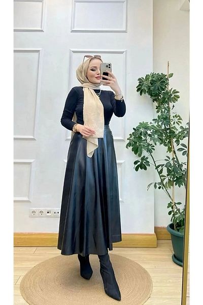 Arzulica Fusta din piele artificială Mevlana Lycra cu talie înaltă de iarnă neagră