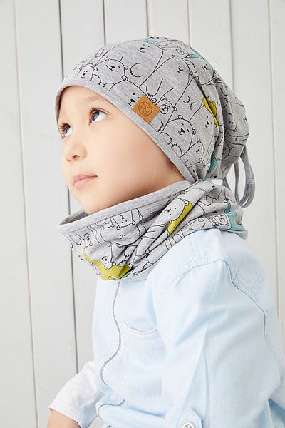 Babygiz Boy's Gray Figured 4 Season Beret Neck Collar Set Soft Natural 100% Cotton Combed Cotton