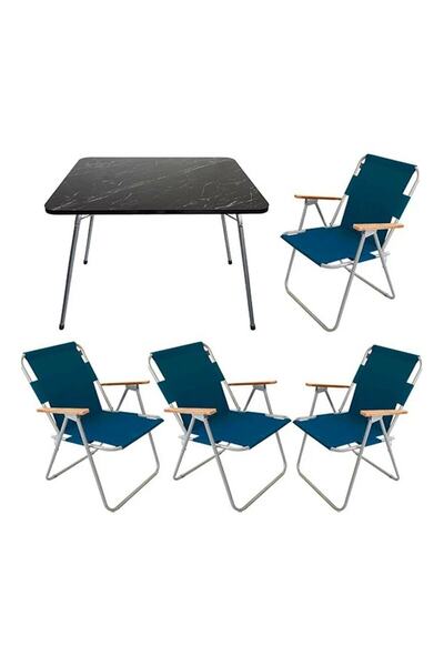 Mocca Style 60x80 Katlanır Masa + 4 Adet Lacivert- Mavi Kamp Sandalyesi Katla...