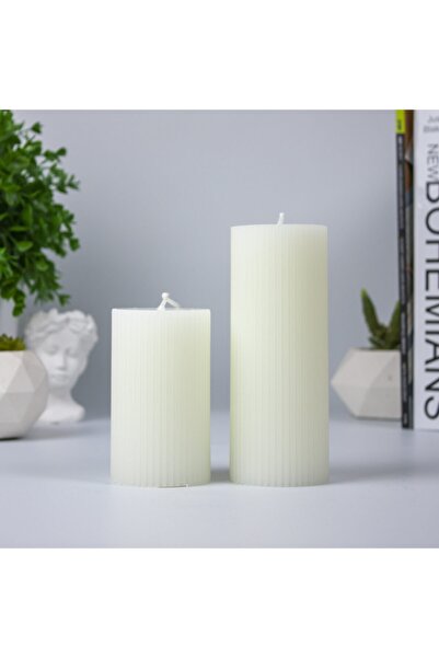 Mument Oluklu Silindir 2'li Mum Seti 10 Cm-15 Cm Krem