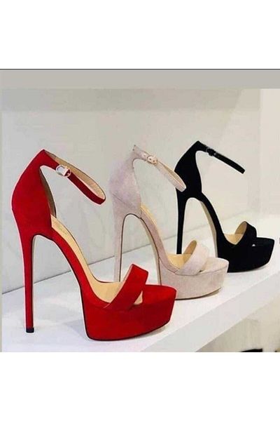 Tarz Women's Ankle Strap Adjustable Red Suede Thin Heeled Platform Shoes