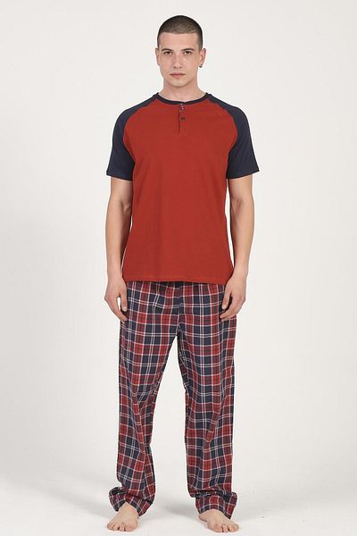 DOFİ Men's Red Navy Blue Large Size Summer Pajamas Set Plaid Patterned with Pockets