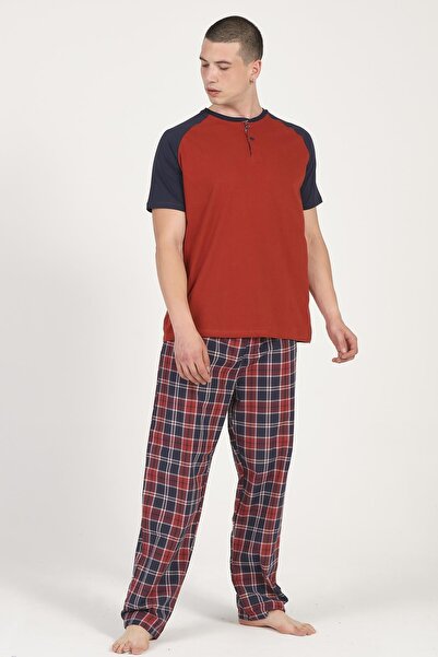 DOFİ Erkek Kırmızı Lacivert Büyük Beden Yazlık Pijama Takımı Ekose Desenli Cepli