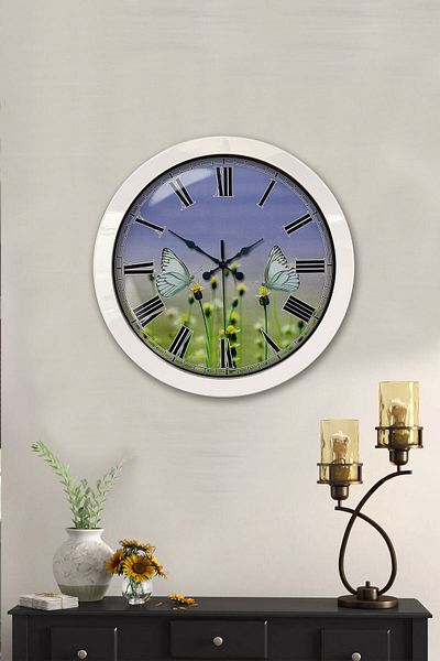 Kasva Concept Gift 36 cm White Metal Butterfly Wall Clock