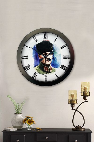 Kasva Concept Gift 36 cm Black Metal Ataturk Wall Clock