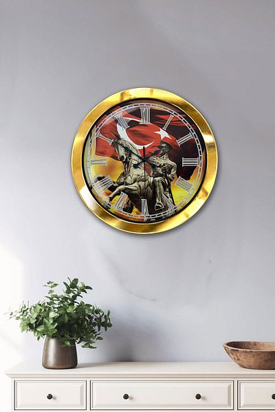 Kasva Concept Gift 36 cm Gold Metal Mustafa Kemal Atatürk Wall Clock