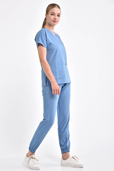 Owlet Medikal طقم زي ممرضة جراحية من الليكرا باللون الأزرق الفاتح مع أرجل مرنة