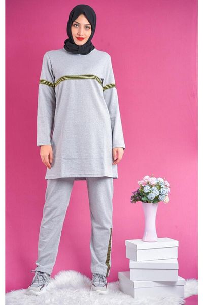 CNG MODA Women's Hooded Glitter Striped Tracksuit Set Gray