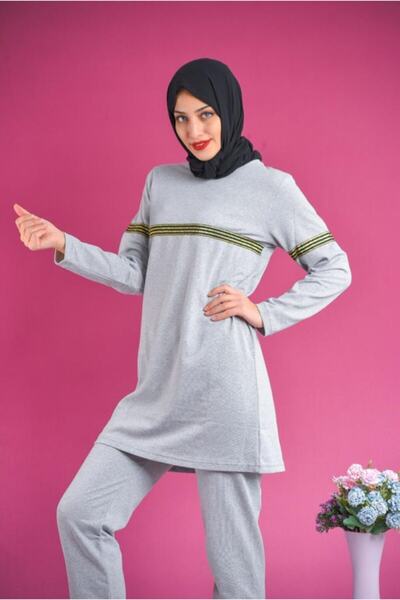 CNG MODA Women's Hooded Glitter Striped Tracksuit Set Gray