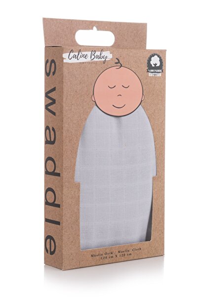 Caline Baby غطاء قماش موسلين لون سادة - رمادي 120x120 سم + 4 مناديل مبللة للفم