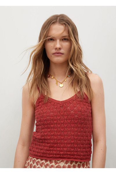 MANGO Woman Rotes kurzes Strick-T-Shirt für Damen