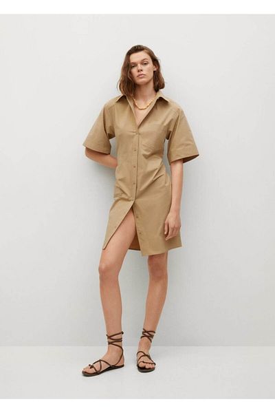 MANGO Woman Rochie cămașă de damă din bumbac bej nisip