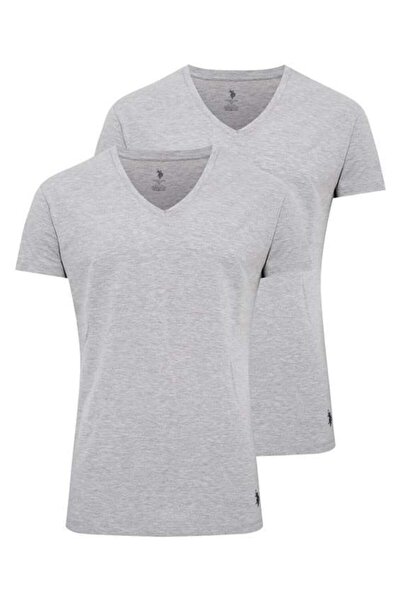 U.S. Polo Assn. 80194 Erkek Gri Melanj 2'li Kısa Kol V Yaka Atlet