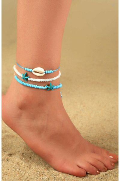 Lade Blue And White 3-Piece Combination Shell Anklet