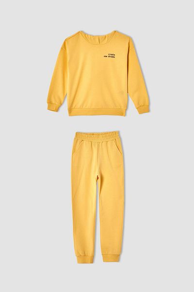 DeFacto Girls' Text Printed Organic Cotton Sweatshirt and Jogger Tracksuit Bottom Set