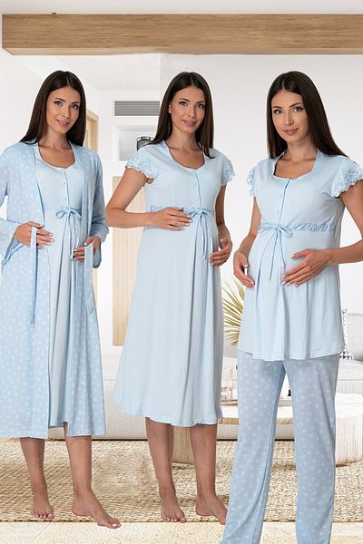 BLACKMORE Women's Blue Buttoned Dressing Gown Set of 4 Maternity Maternity Pajamas Nightgown Suit Set