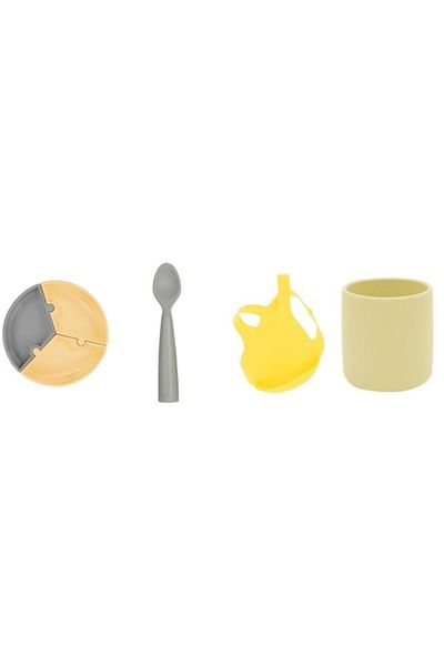 OiOi Set of 4 Puzzle Plates, Nam Nam Spoon Gray, Silicone Cup Yellow, Baby Bib Yellow
