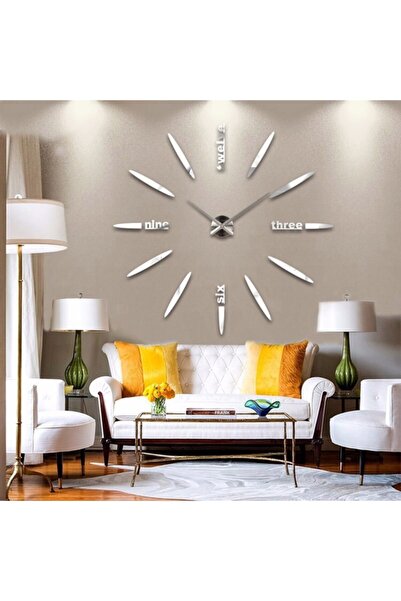 Platin Saat 3d Gümüş Ultra Büyük Boy Çizgi Yazılı Yapışkanlı Duvar Saati