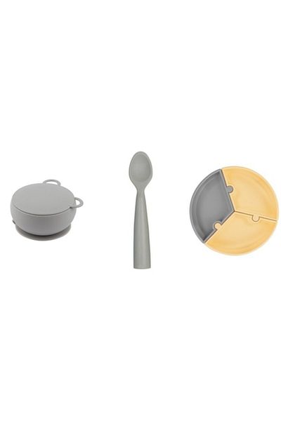 OiOi Set of 3 Puzzle Plates, Bowl with Lid Gray, Nam Nam Spoon Gray