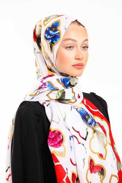 19V69 ITALIA Pomegranate Flower Cream Geometric Pattern Pavia Series Shawl Scarf 90x200 cm