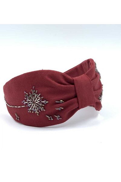 ZELİCE TASARIM Dandelion Stone and Bead Embroidered Burgundy Crown Kh03 - Zelice