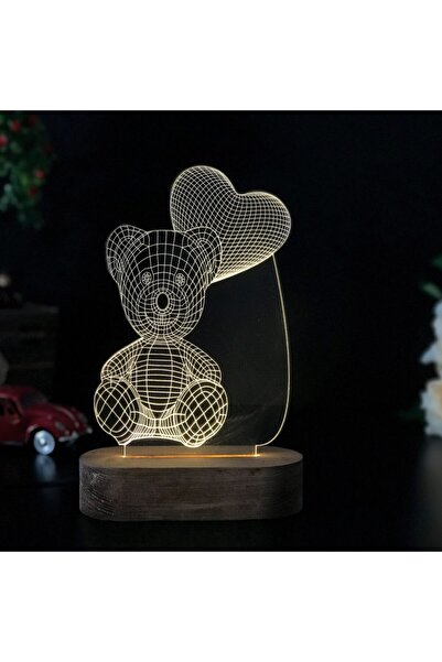 Hediyeiste Doğum Günü Hediyesi Kalpli Ayıcık Tasarım 3d Led Gece Lambası