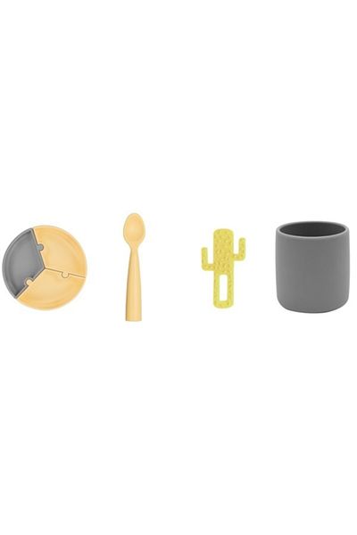 OiOi Set of 4 Puzzle Plate, Teether Cactus Yellow, Silicone Cup Gray, Nam Nam Spoon Yellow