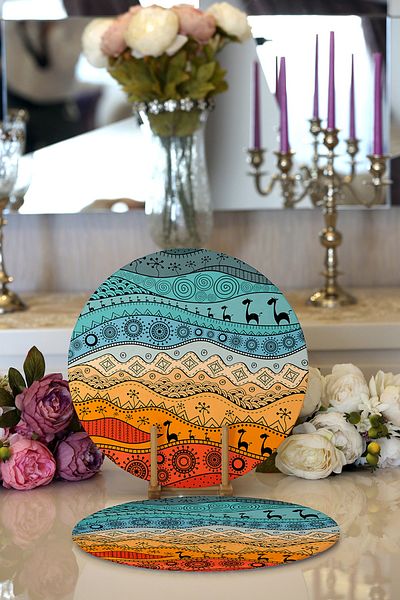 Realhomes 2-Piece Ethnic Pattern Designed Digital Printed Modern Round Plate & Placemat