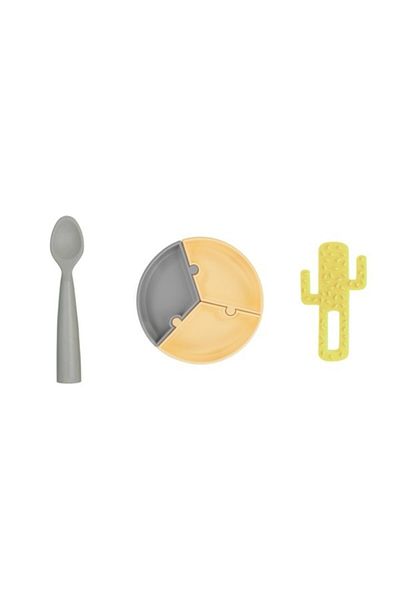 OiOi Set of 3 Puzzle Plates, Nam Nam Karik Gray, Teether Cactus Yellow