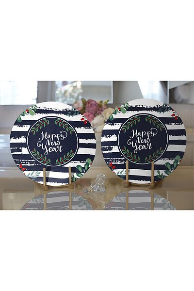 Realhomes 2-Piece Dark Blue Striped Happy New Year Motif Digital Printed Modern Round Plate & Placemat