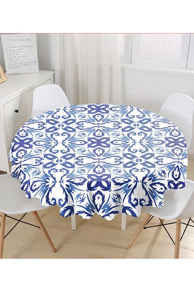 Realhomes Fata de masa rotunda cu design special din ceramica albastră și alba damă sc - diametru 140cm