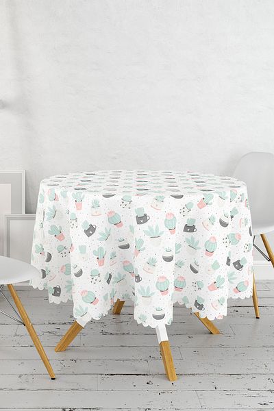 Realhomes Față de masă rotundă modernă imprimată digital cu model cactus colorat cu fundal alb - diametru 140cm