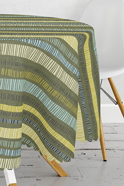 Realhomes Colorful Line Patterned Digital Printed Modern Round Tablecloth with Mustard Background - Diameter 140cm