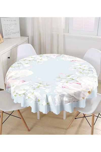 Realhomes White Floral Pattern Digital Printed Modern Round Tablecloth with Colorful Background - Diameter 140cm